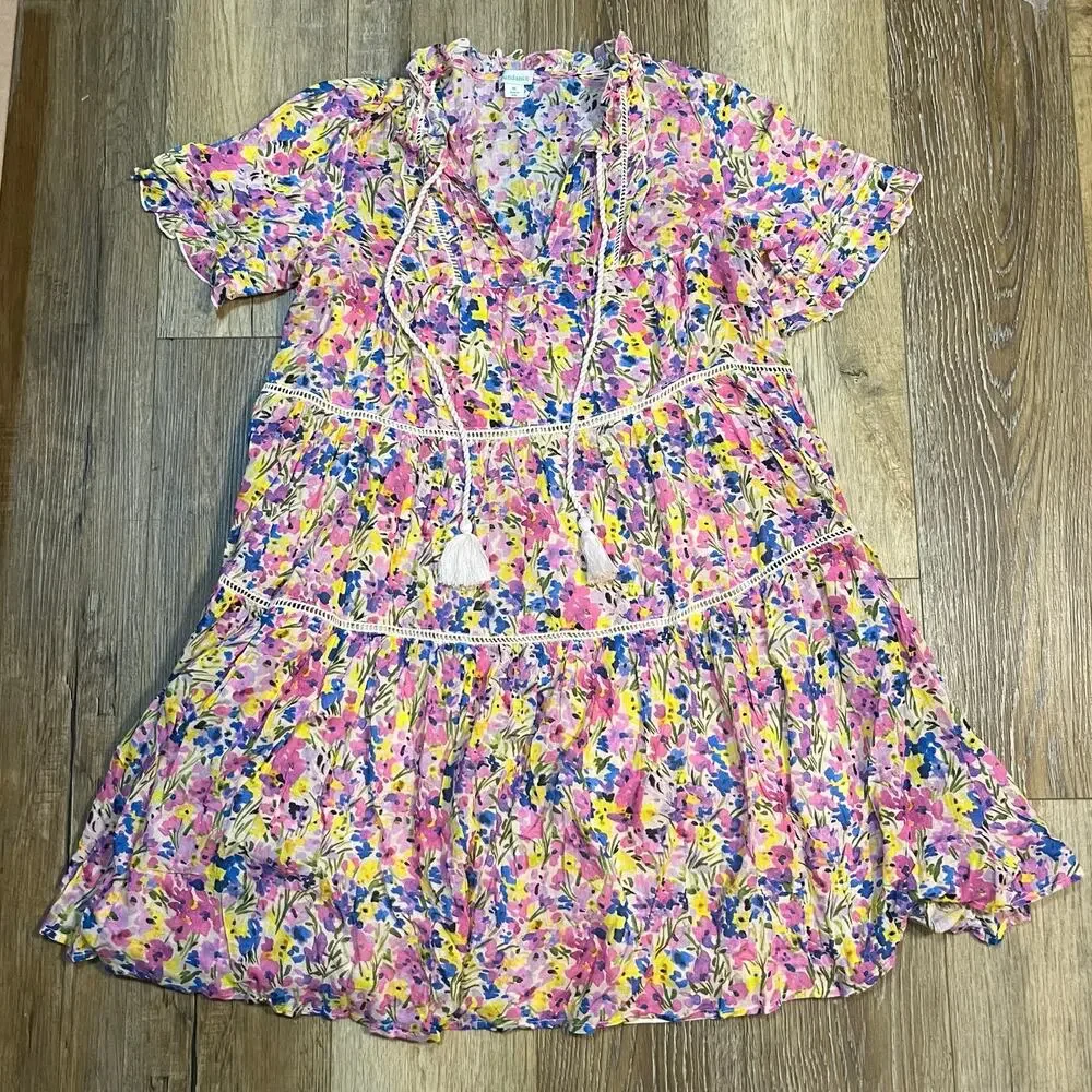 Sundance Pink Floral Ruffle Tiered Fairy Mini Dress M Preppy Girly Shabby Chic - Picture 2 of 5